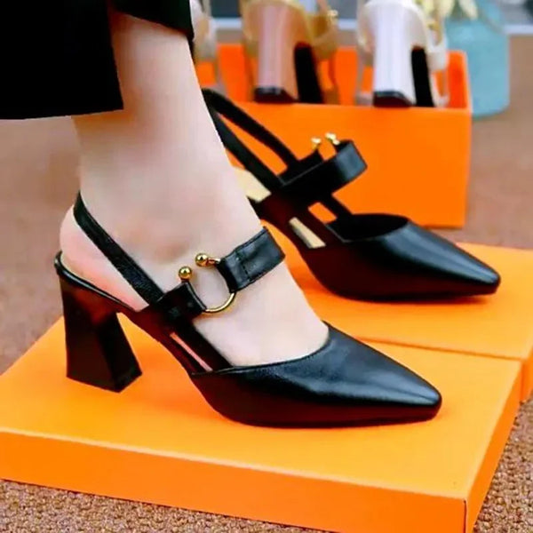 Lady Fashion Pointed Toe Beige High Quality Pu Leather Buckle Strap Square Heel