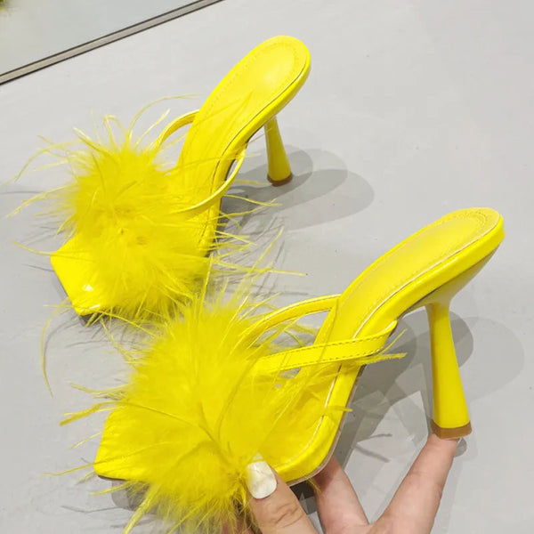 Summer Fashion Yellow Fluffy Furry Women Slippers Mules High Heels